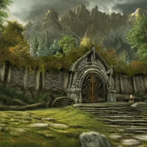 Image similar to photorealistic Lord of the rings setting