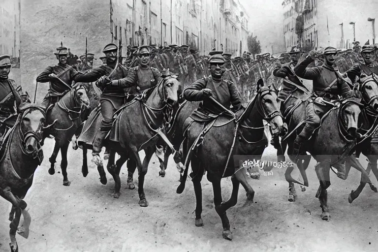 Image similar to a dozen ww 1 cavalrymen marching through italian - style city, 1 9 0 5, black and white photography