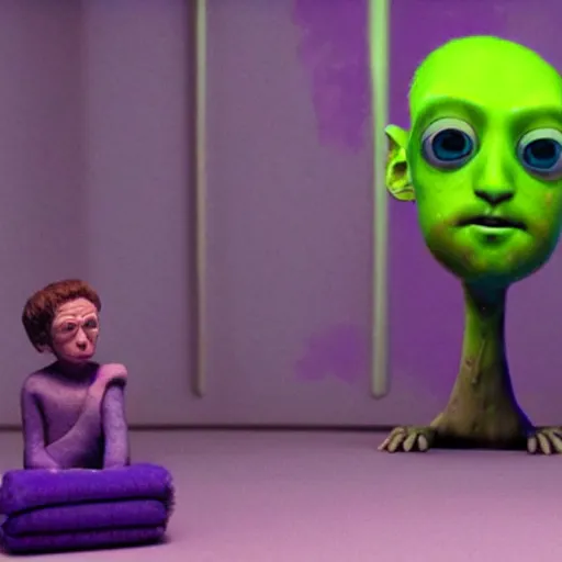 Prompt: a small weird childish alien as Mark Zuckerberg sitting in a room made of green slime and purple mold. Photograph from science fiction movie.