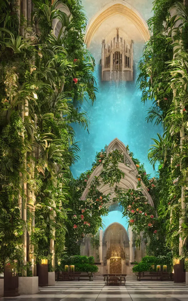 Image similar to grand cathedral interior with koi! pond! in the middle! surrounded by palm trees, ivy, flowers!, tropical plants, roses!, and with archways, rendered in octane render with photorealistic volumetric cinematic lighting, wide angle, horizontal symmetry, 8 k