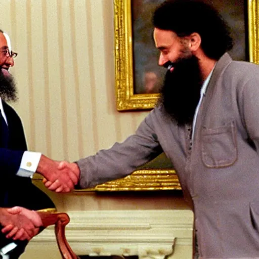 Prompt: Tom Hanks shakes hands with Osama Bin Laden at the White House