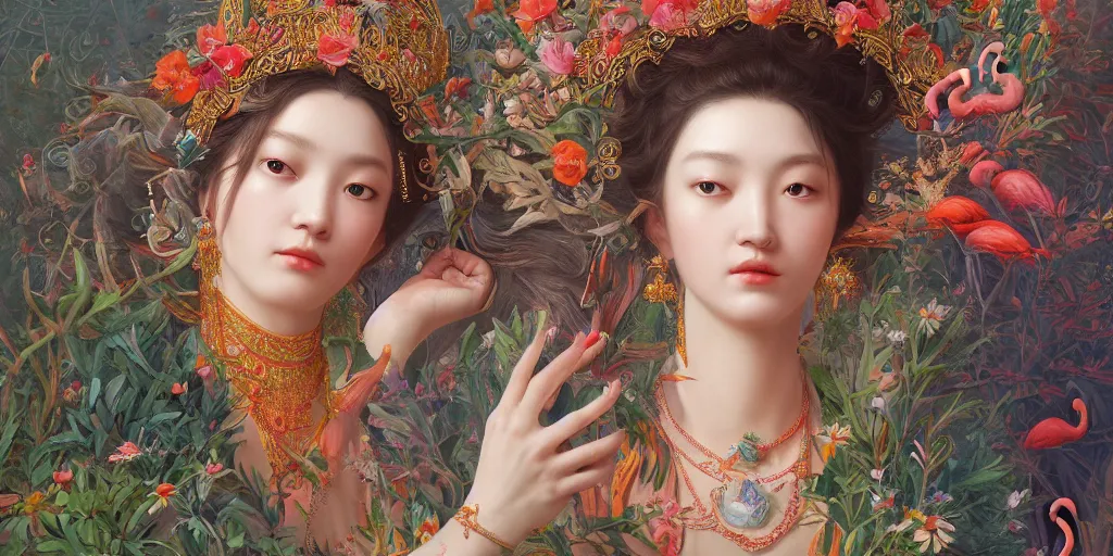 Image similar to breathtaking detailed concept art painting of the goddess of flamingo, orthodox saint, with anxious, piercing eyes, ornate background, amalgamation of leaves and flowers, by Hsiao-Ron Cheng and John James Audubon, extremely moody lighting, 8K