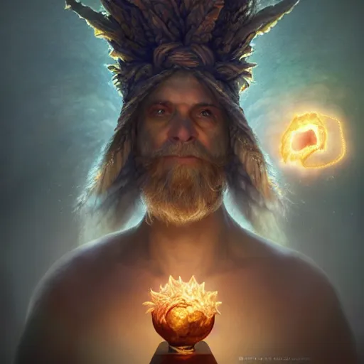 Image similar to by artgerm and agostino arrivabene, visually stunning, cinematic, ultra realistic, hyper realism, epic, octane render, unreal engine, vfx, a old druid preparing potion, fungal enchanter, murloc tinyfin, dread infernal, wee whelp, battle ram