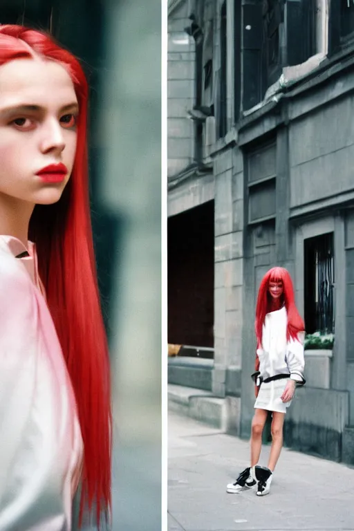 Prompt: high quality realistic street photo of girl, stylish hairstyles, clothes in the style of 1 9 9 0, perfect model face, fashion style clothes from maison margiela and off - white ; kodak ektar, 2 0 0 iso, 3 5 mm lens, bill henson style beautiful chiaroscuro lighting, beautiful colour palette, beautiful and realistic, wide shot