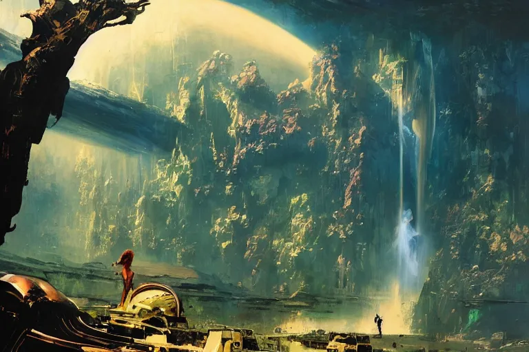 Image similar to pulp scifi illustration, space woman meets science fiction lizard in beautiful landscape, baobab trees, waterfall, distant mountains, dynamic action, by norman rockwell, jack kirby, john berkey, bergey, craig mullins, ruan jia, raymond swanland, jeremy mann, beksinski, tom lovell, alex malveda, schomburg