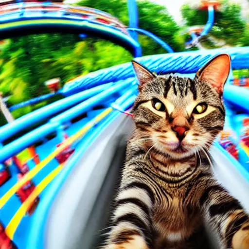 Image similar to selfie of an excited cat riding a roller - coaster, highly - detailed award - winning