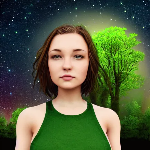 Image similar to an hd portrait photo of a cute young woman with short brown hair and green eyes, beautiful trees in the background, night sky with stars and galaxies, trending on artstation