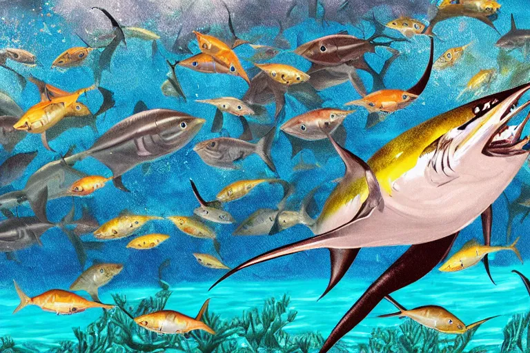 Prompt: An underwater painting of a yellow-fin tuna chasing bait fish near a mat of weeds, inspired by Guy Harvey, Sport Fishermen, digital art, insanely detailed, hyper detailed photorealistic, ambient lighting, award winning, stunning