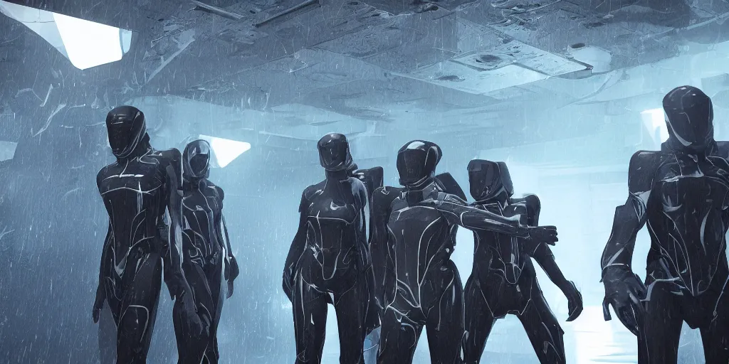 Prompt: sci - fi squad in wet cloaks, infiltrating on the ceiling at midnight storm, lightning, unreal engine 5