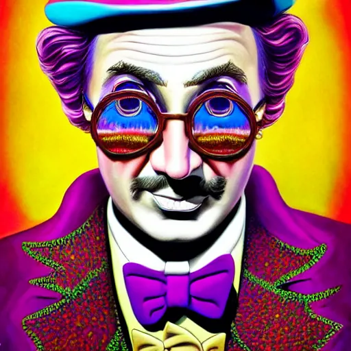 Image similar to an extremely psychedelic portrait of willy wonka as salvador dali, surreal, lsd, face, detailed, intricate, elegant, lithe, highly detailed, digital painting, artstation, concept art, smooth, sharp focus, illustration,