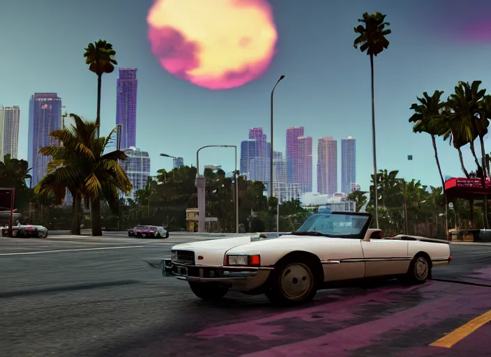 Prompt: still next - gen ps 5 game grand theft auto 6 2 0 2 4 remaster, graphics mods, rain, red sunset, people, rtx reflections, gta vi, miami, palms and miami buildings, photorealistic screenshot, unreal engine, 4 k, 5 0 mm bokeh, close - up 9 f cabrio!, gta vice city remastered, artstation