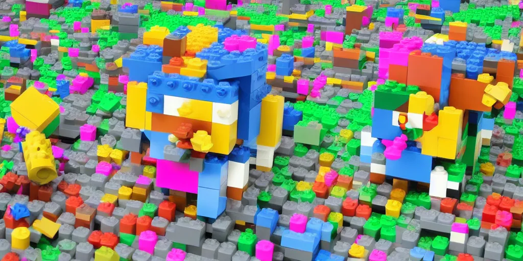 Image similar to tiny creature made of one brick, big round cute eyes, quadrupedal, cute looking, blocky shape, kawaii, sharp focus, character, game concept art, blocky, lego mixels, flat toon style like katamari damacy inspired, pokemon inspired, promotional poster art, high quality voxel render