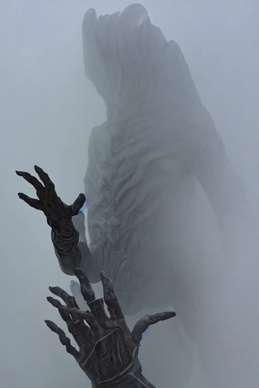 Image similar to giant hand sculpture covered in fog in style of prometheus xenomorph mythology, detailed, beautiful, god rays, unreal