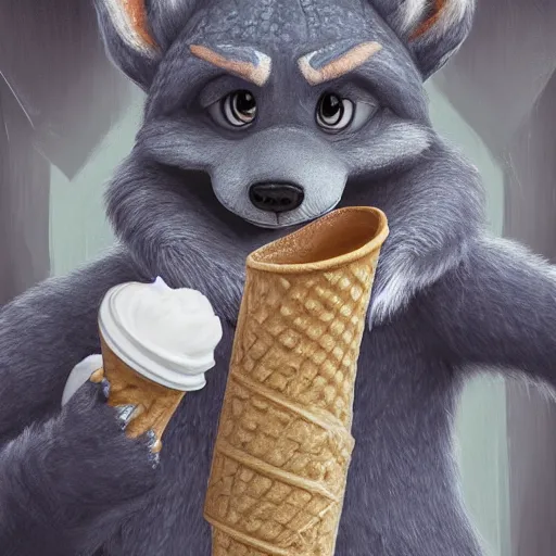 Image similar to furry art of female alligator walking down the street holding an icecream cone, digital art, artstation, 4K, detailed, detailed fur, wearing grey hoodie, zootopia, detailed face, anthromorphic,