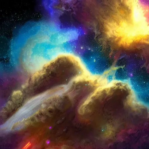 Image similar to Azathoth floating in space, digital art, realistic, nebula in background, artstation
