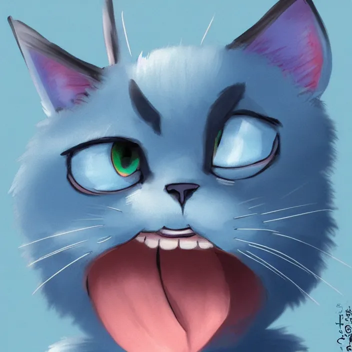 Prompt: cute blue cat of cheshire from alice in wonderland. an adorable cat with light blue stripes and a big human like playful smile. award - winning digital art, trending on artstation