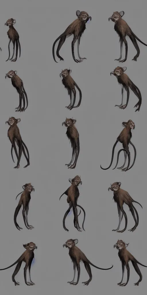 Prompt: long - eared monkey - crow! - squid creatures, contact sheet, pose sheet, concept art, poses, studies