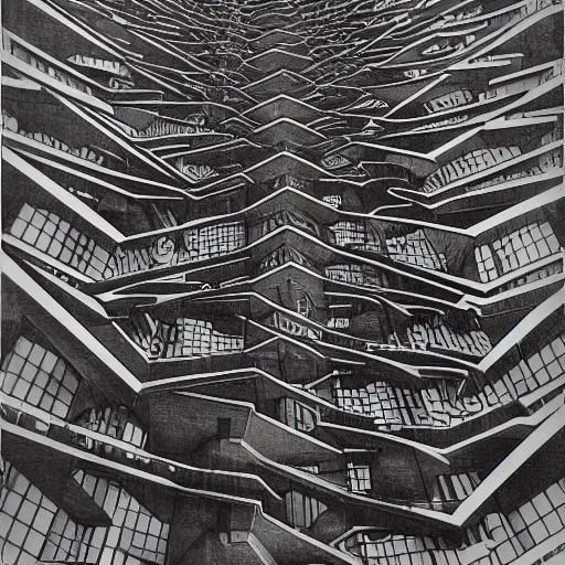 Prompt: nightmarish colossal unreal architecture designed by m c escher