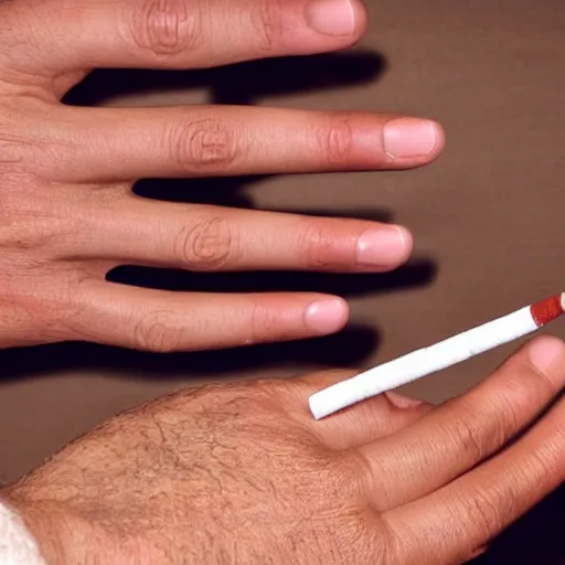 Image similar to normal man's hand with five fingers and a ring and a cigarette between the fingers