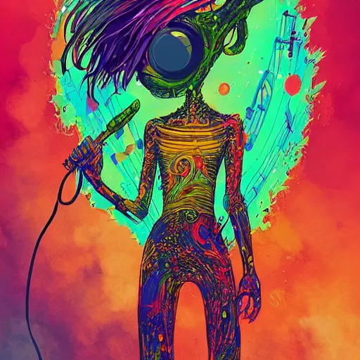 Prompt: alien musician, digital art, fantasy, explosion of color, highly detailed, in the style of jake parker, in the style of conrad roset, swirly vibrant colors, sharp focus - c 1 5. 0
