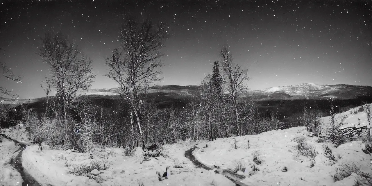 Prompt: laurentian appalachian mountains in winter, unique, original and creative landscape, photography by ansel adams, snowy night, distant town lights, aurora borealis, deers and ravens, footsteps in the snow, brilliant composition