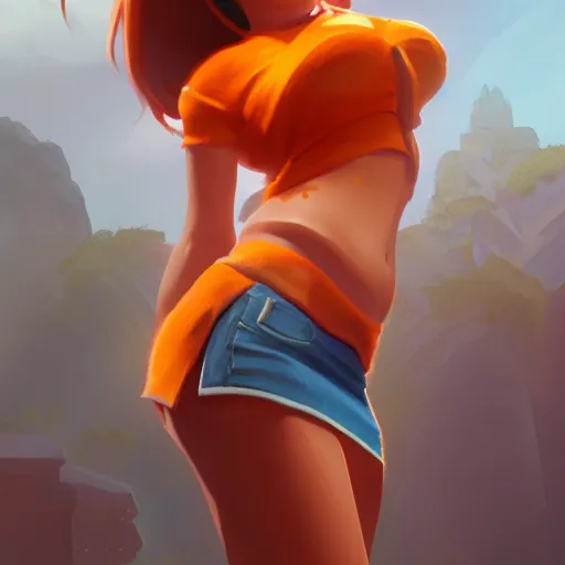 Image similar to upper body illustration of a beautiful latin girl, brown skin, orange hair, small waist, she wears a pretty miniskirt, mattepainting concept blizzard pixar maya engine on stylized background splash comics global illumination lighting artstation, sharp focus, epic, elegant greg rutkowski