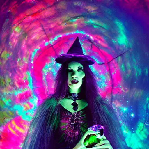 Image similar to beautiful witch holding a glowing crystal, insane colors deep acid trip, film still