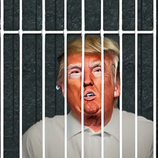 Image similar to donald trump in jail, behind bars crying tears and snot. candid photograph.