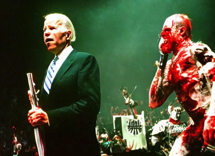 Prompt: publicity photo still of joe biden in gwar live on stage 1 9 9 8, 8 k, live concert lighting, mid shot