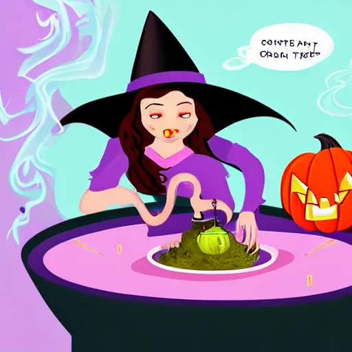 Image similar to teen witch mixing a spell in a cauldron, an owl is standing on the table, a cat is on the table, wispy smoke fills the air, a witch hat, cinematic, green glowing smoke is coming out of the cauldron, ingredients on the table, unorganized apothecary shelves in the background, kids halloween costume