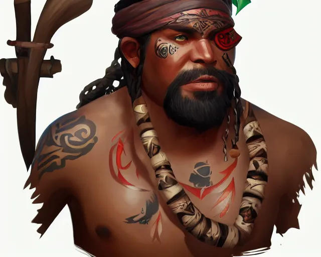 Image similar to sea of thieves character portrait concept art for a tribal native man with polynesian tattoos on his face and a nose ring, cgsociety, trending on artstation, rare ltd,