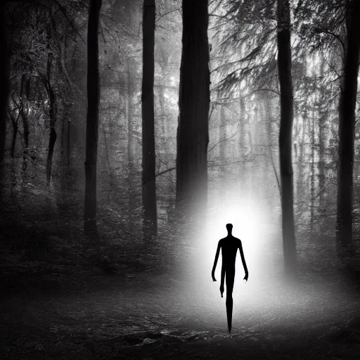 Image similar to photorealistic detailed tall skinny humanoid creature in a dark forest at night, extremly detailed, black and white, 8 k, realistic, sharp focus