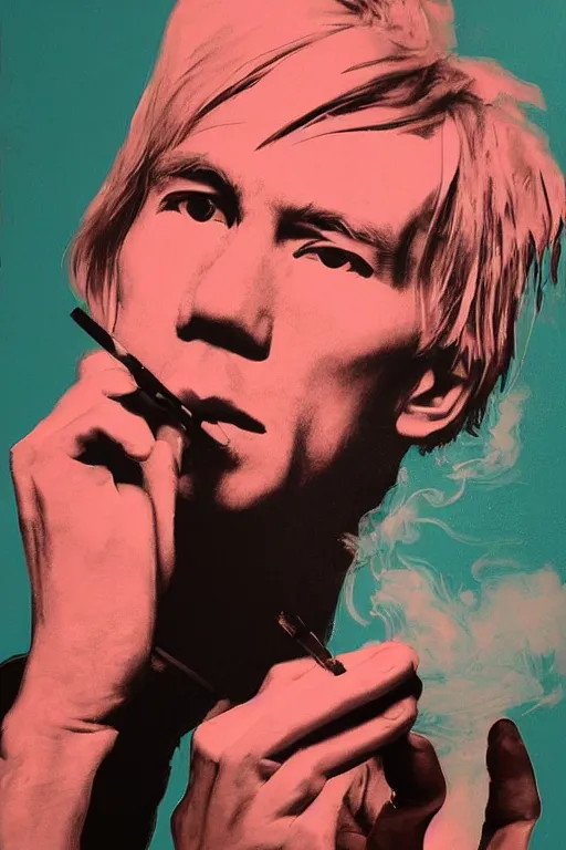 Prompt: a highly detailed beautiful portrait of andy warhol smoking a cigarette, extremely detailed, digital painting, artstation, concept art, smooth, sharp focus, illustration, intimidating lighting, incredible art