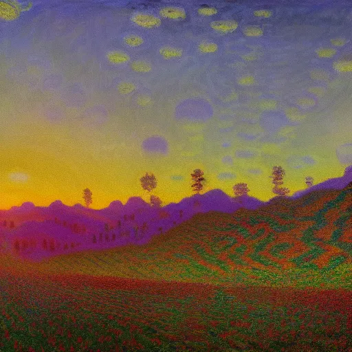 Image similar to enormous cannabis plantation in a valley, sunset in background, surreal, by simon stalenhag and claude monet, oil on canvas