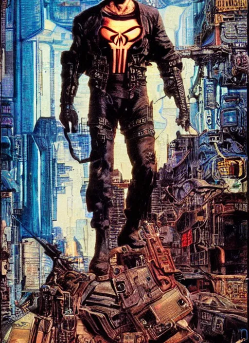 Image similar to cyberpunk the punisher. portrait by clyde caldwell and jean giraud and anton otto fischer and john philip falter and will eisner and gil elvgren