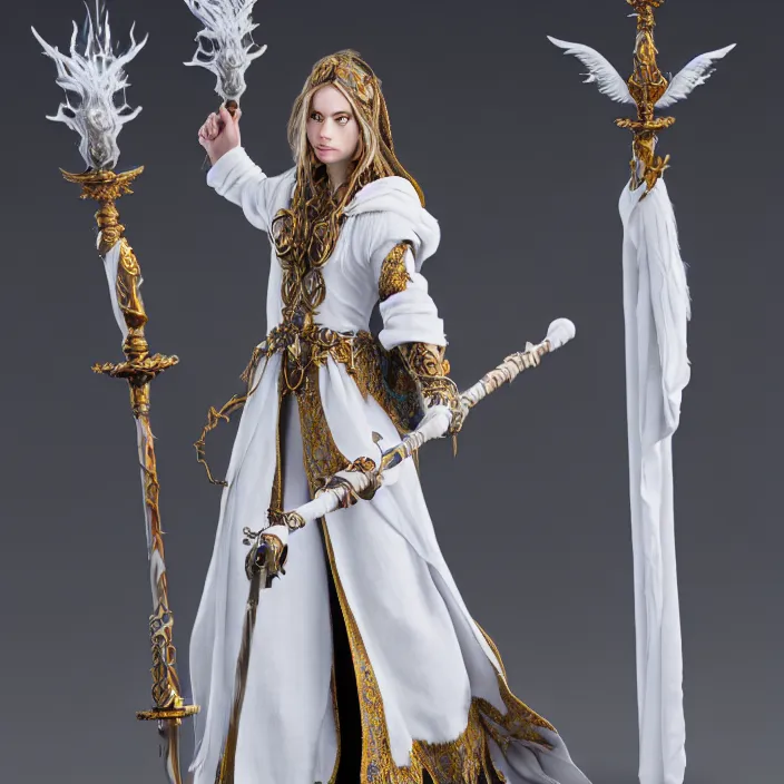 Prompt: photograph of a real-life beautiful elemental air witch with ornate white robes and staff. Extremely detailed. 8k