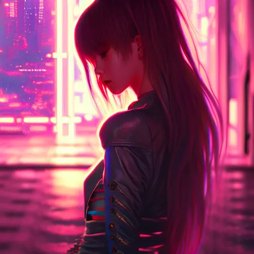 Image similar to beautiful digital painting of lalisa cyberpunk background with high detail, 8 k, stunning detail, neon lights, photo by wlop, artgerm and greg rutkowski and alphonse mucha, unreal engine 5, 4 k uhd