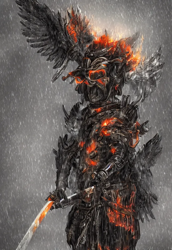 Image similar to a samurai mask worn by an angel with very big wings and a flaming sword standing in the rain, digital art, concept art, deviantart. highly detailed