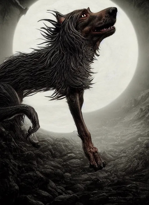 Prompt: a dachshund werewolf transforming under a full moon, dark colors, sinister atmosphere, dramatic lighting, cinematic, establishing shot, extremely high detail, photo realistic, cinematic lighting, pen and ink, intricate line drawings, by Yoshitaka Amano, Ruan Jia, Kentaro Miura, Artgerm, post processed, concept art, artstation, matte painting, style by eddie mendoza, raphael lacoste, alex ross