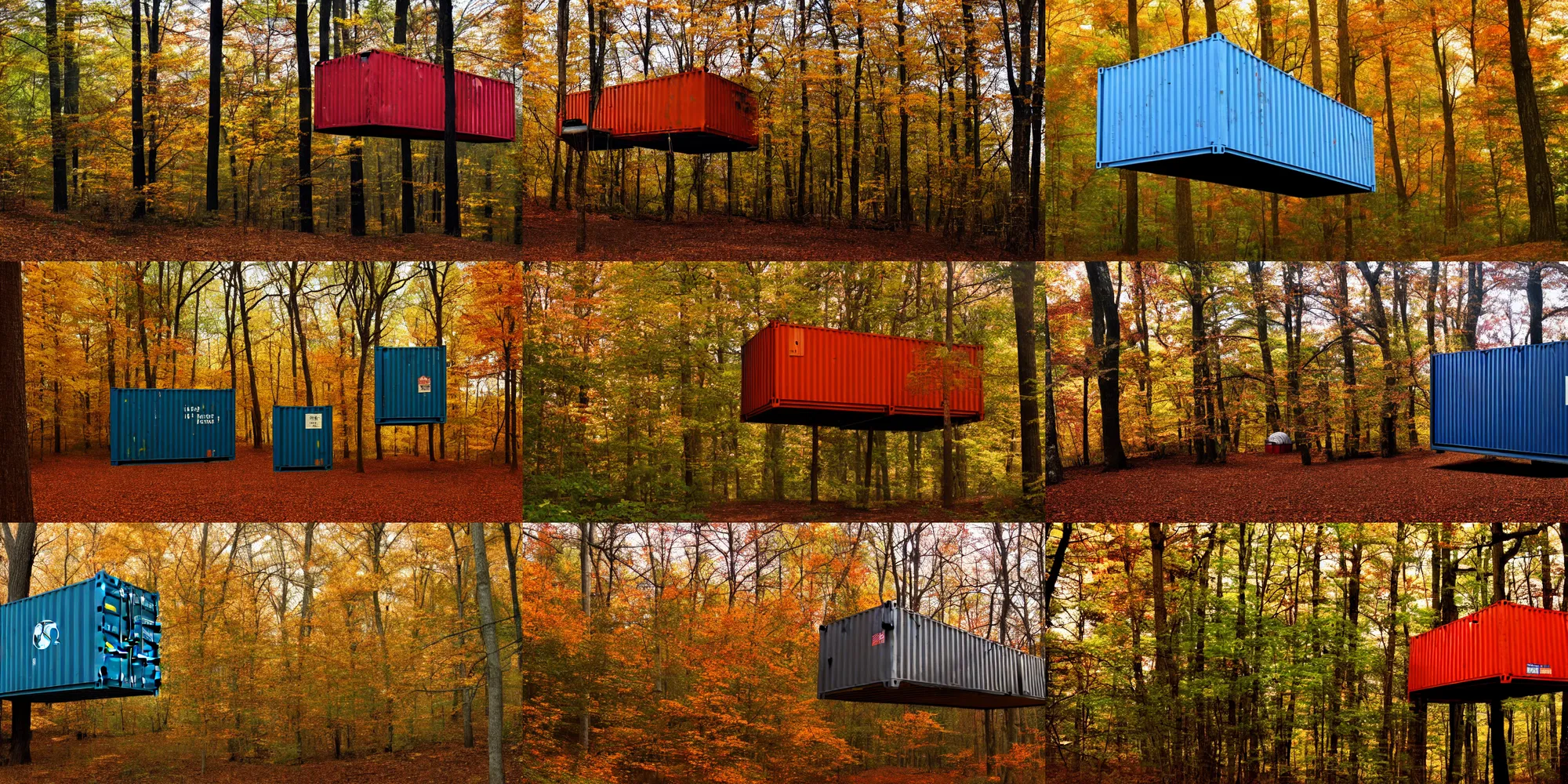 Prompt: film still, treehouse made of a shipping container, william penn state forest, autumn, trending on artstation