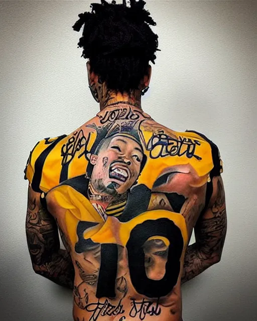 Prompt: a person with a tattoo on their back, wiz khalifa as a pittsburgh steeler, a tattoo by joze ciuha, trending on instagram, cubism, tattoo, clean, intricate