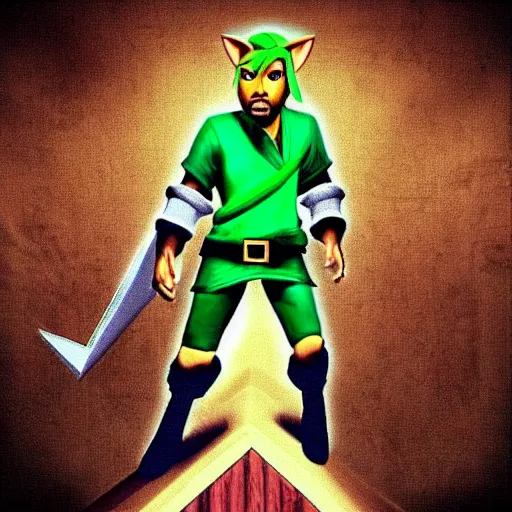 Prompt: “Kanye as Link in Ocarina of Time, nintendo 64, nintendo graphics”