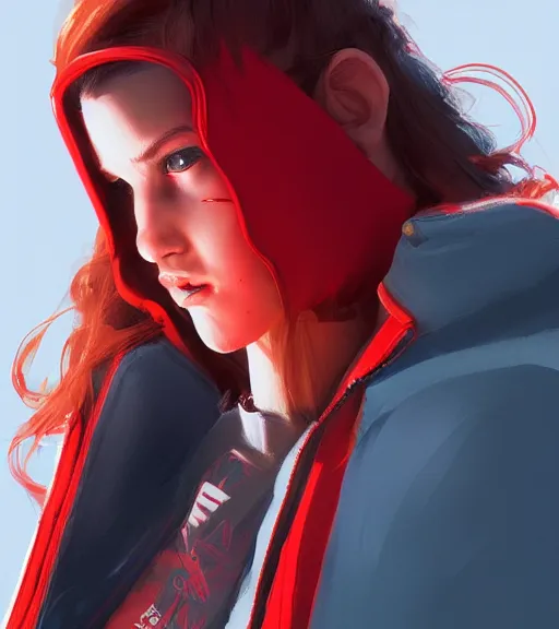Prompt: a girl wearing a red jacket, highly detailed, digital painting, artstation, concept art, smooth, sharp focus, illustration