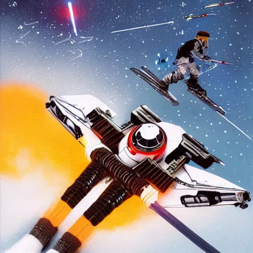 Image similar to star wars xwing pilot skiing down a mountain using lightsabers as poles, highly detailed, high resolution, ultra realistic