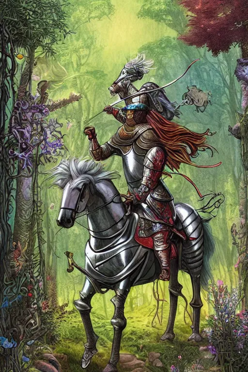 Image similar to medieval knight riding a horse in a magic kingdom overgrown by moss and plants, shiny armor, enchanted forest with flying faires, wizards and magic mushrooms in the background, illustrated by james jean, very detailed and colorful, comicbook cover