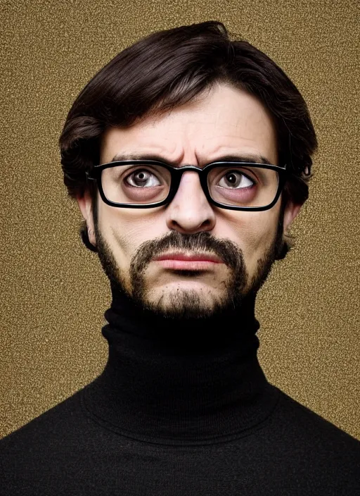Prompt: half body studio photograph of a male italian artist wearing glasses and turtleneck, anxiety and depression, intricate, elegant, highly detailed, hyper realistic, dark background, flickr, smooth, sharp focus, shot by canon