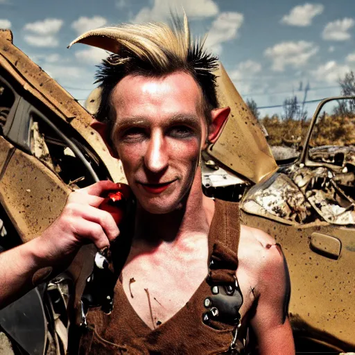 Prompt: close up headshot of a skinny high-fantasy elf with a long face narrow chin and spiky blonde hair wearing dark brown overalls and holding a bomb next to a destroyed car, gel spiked hair, high resolution film still, HDR color