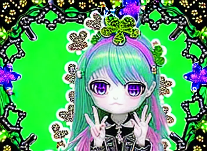 Image similar to baroque bedazzled gothic royalty frames surrounding a hologram of decora styled green haired yotsuba koiwai wearing a gothic spiked jacket, background full of lucky clovers, crosses, and shinning star doodles, holography, irridescent