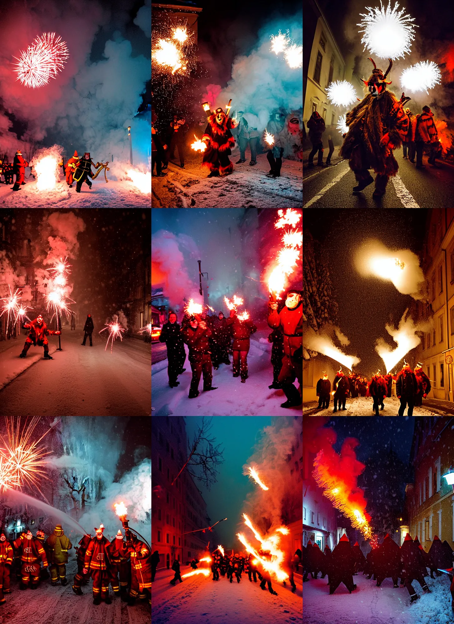 Image similar to kodak portra 4 0 0, winter, snowflakes, hellfire chaos, award winning dynamic photo of a bunch of hazardous krampus between exploding fire barrels by robert capas, motion blur, in a narrow lane in salzburg at night with colourful pyro fireworks and torches, teal lights