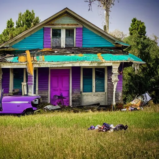 Image similar to run down house with trash in front of it with purple golf cart parked on street.